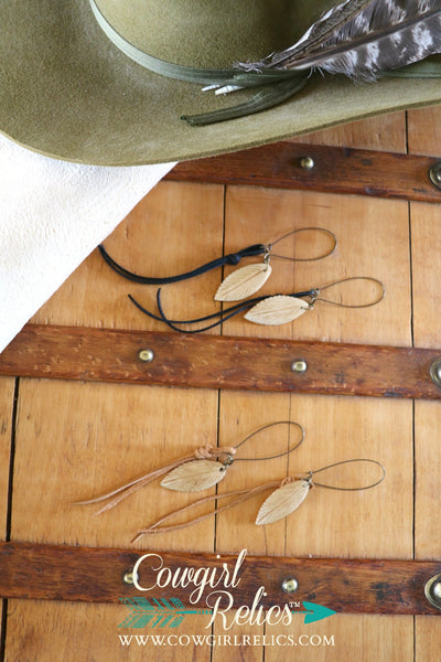 Cottonwood Carved Bone Feather and Leather Earrings - Cowgirl Relics