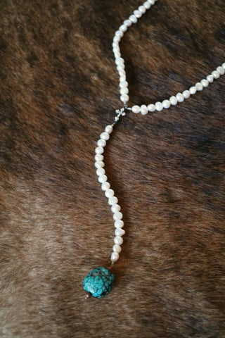 Corazon Rosary-Style Elegant Pearl and Turquoise Necklace - Cowgirl Relics