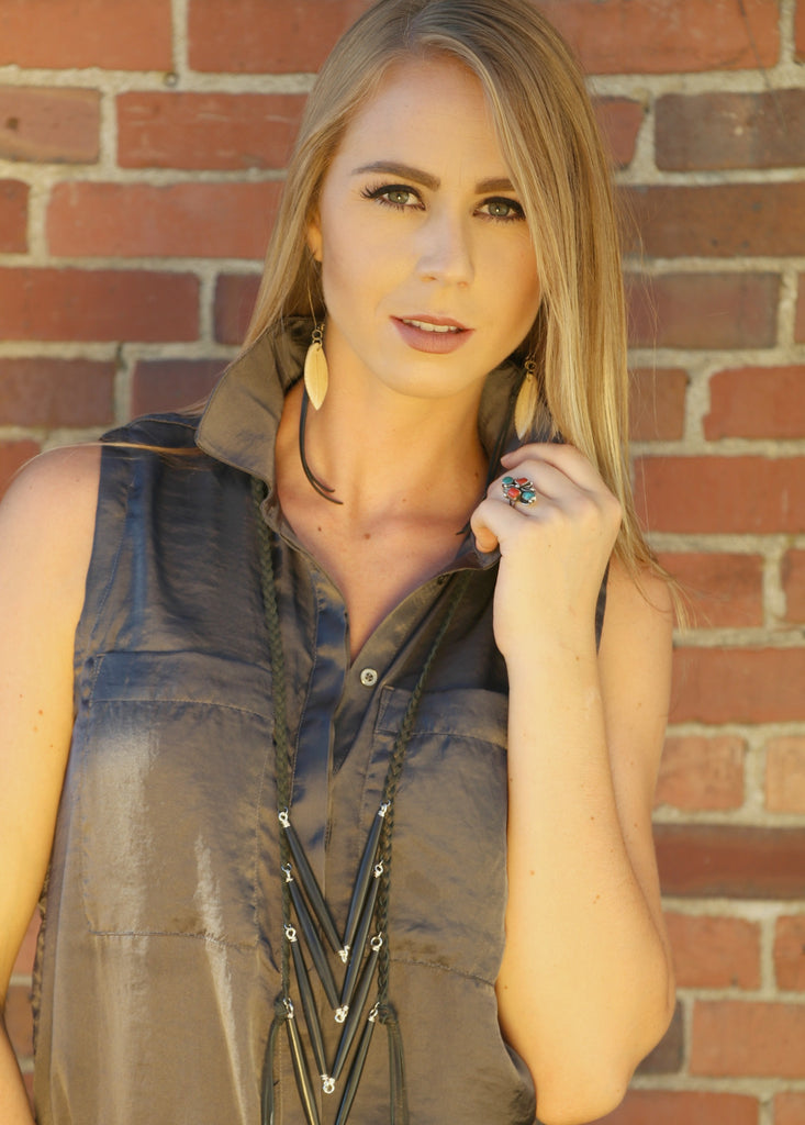 Cottonwood Carved Bone Feather and Leather Earrings - Cowgirl Relics