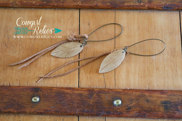 Cottonwood Carved Bone Feather and Leather Earrings - Cowgirl Relics