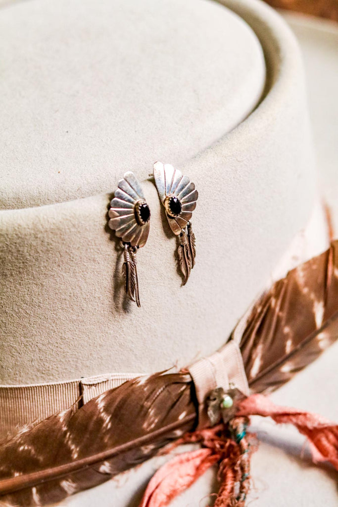 vintage sterling silver and onyx southwest fan earrings