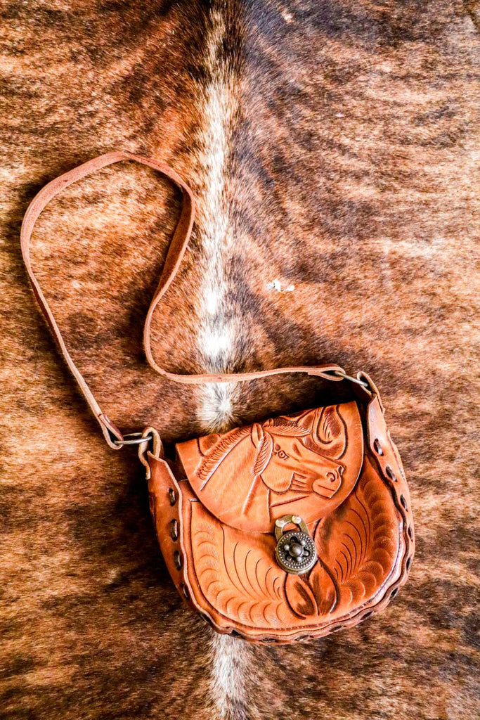 Ladies Vintage Leather Mexican Tooled Tourist Handbag with Horses - HRTV