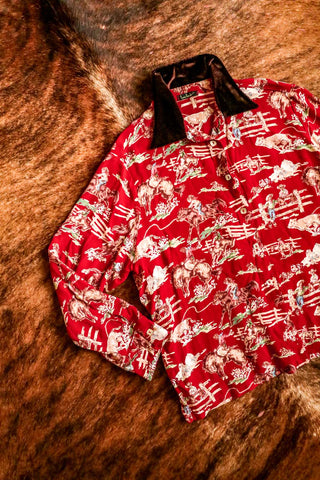 vintage loco lindo red cowboy print shirt large