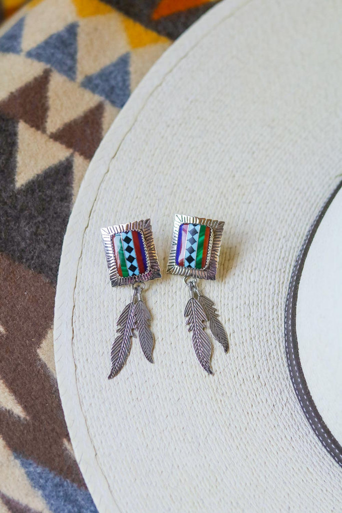vintage southwest feather inlay earrings