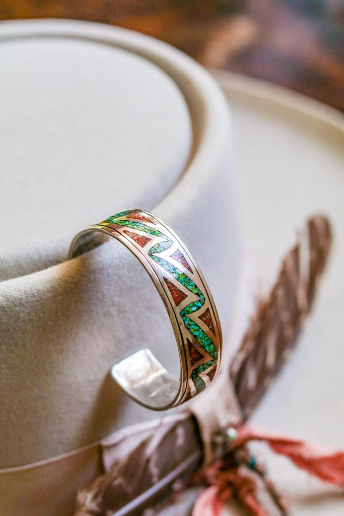 vintage sterling silver and turquoise and coral chip inlay cuff