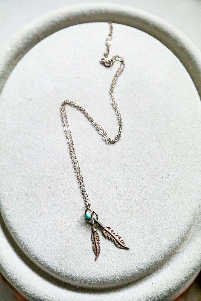 vintage southwest sterling silver and turquoise feather necklace