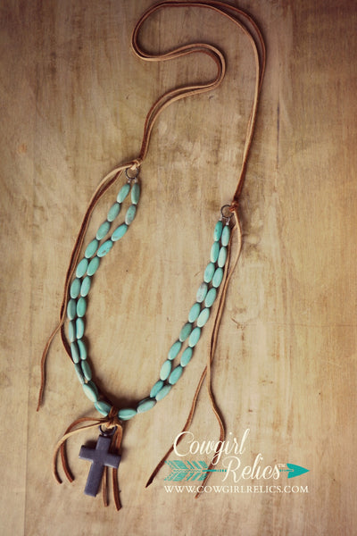 Jayton Necklace-Turquoise, Rustic Cross, and Deerskin Necklace - Cowgirl Relics