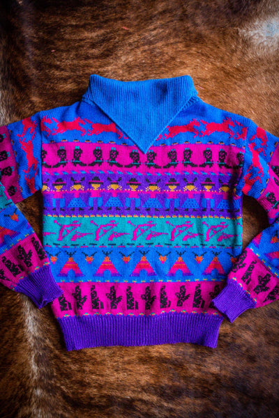 Vintage Western Cowboy Horse and Cactus Sweater