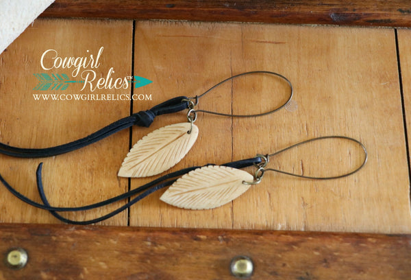 Cottonwood Carved Bone Feather and Leather Earrings - Cowgirl Relics