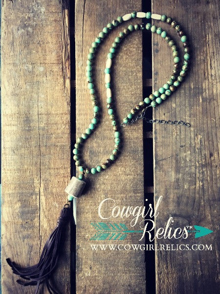 Crenshaw Rustic Western Necklace--Turquoise, Fringe, Antler Shed - Cowgirl Relics