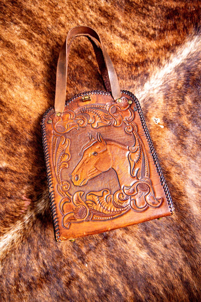 vintage tooled leather western horse purse