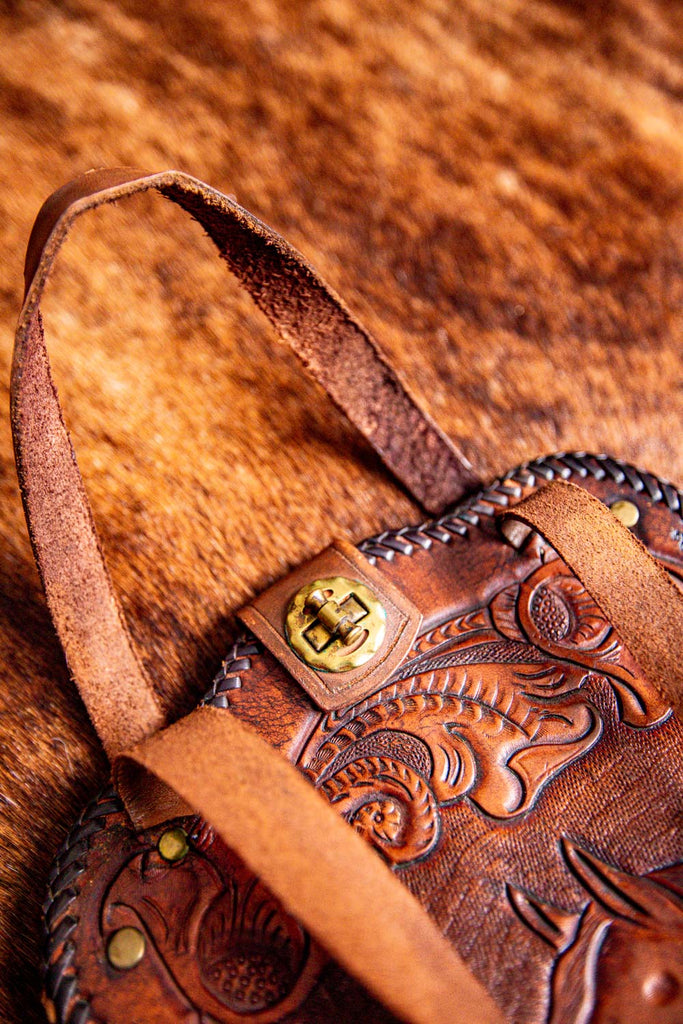Round WESTERN LEATHER BAG Rodeo Girl Outfit Tooled Leather 
