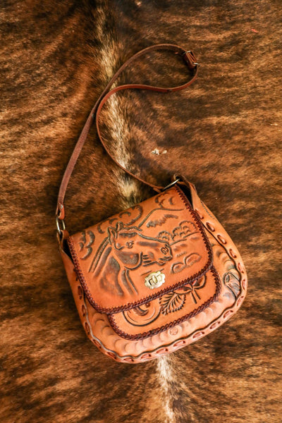 vintage tooled leather western boho horse purse