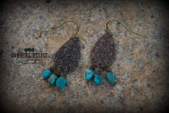 Prairie Flower Rustic Brass and Turquoise Western Earrings - Cowgirl Relics