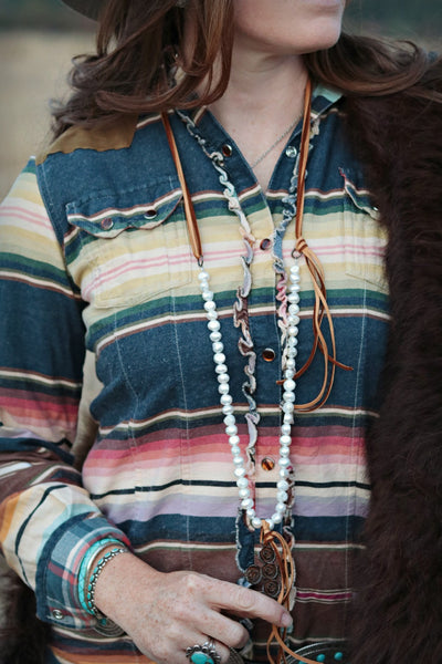 Rusty Rose Pearl and Deerskin Western Necklace - Cowgirl Relics