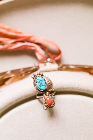 vintage southwest sterling silver, coral, and turquoise statement ring