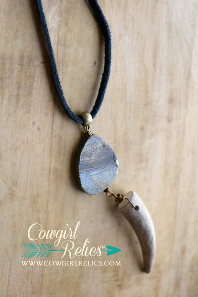West Fork Rustic Pyrite and Antler Shed Leather Necklace - Cowgirl Relics